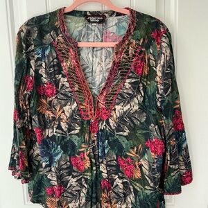 Johnny Was Tropical Floral Blouse - Black and Pink